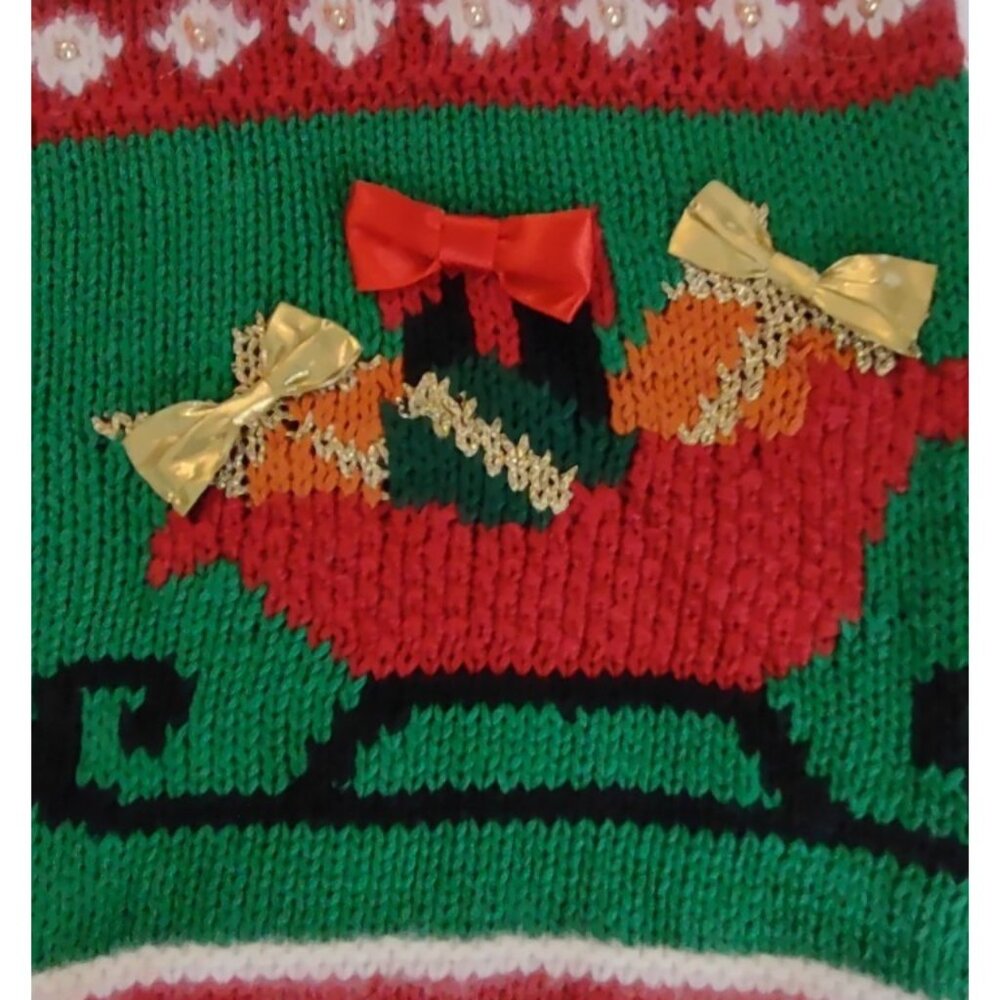 Jennifer Moore Vintage CHRISTMAS Sweater Hand Knit Beads Bows Three Women Size M - Picture 5 of 13